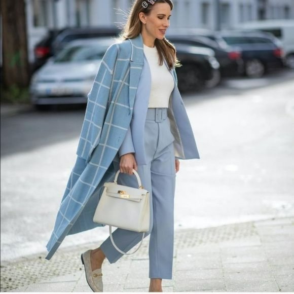 NWT ZARA PLAID COAT BLUE WHITE M BLOGGER'S FAV - Picture 2 of 11